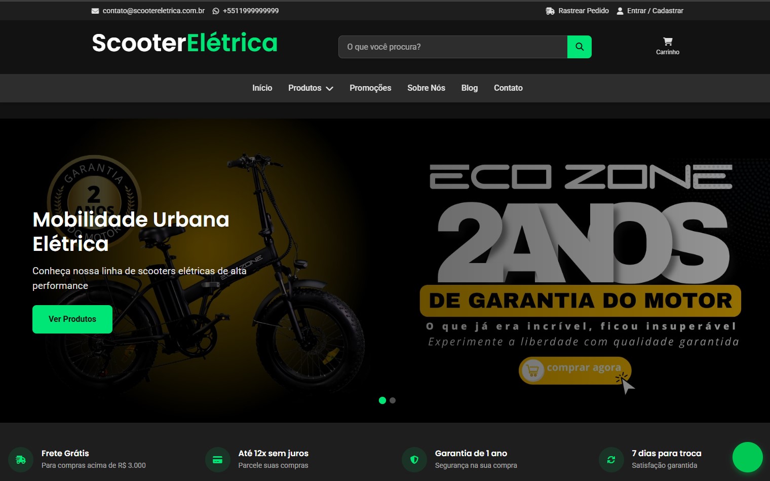 Tela fake de E-commerce de Scooters Elétricas - Completo e Pronto para Uso!